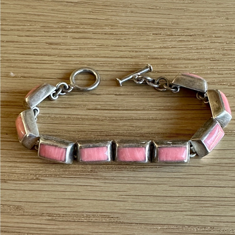 Vintage Sterling Silver Mexico Pi k Coral Inlay Toggle Bracelet